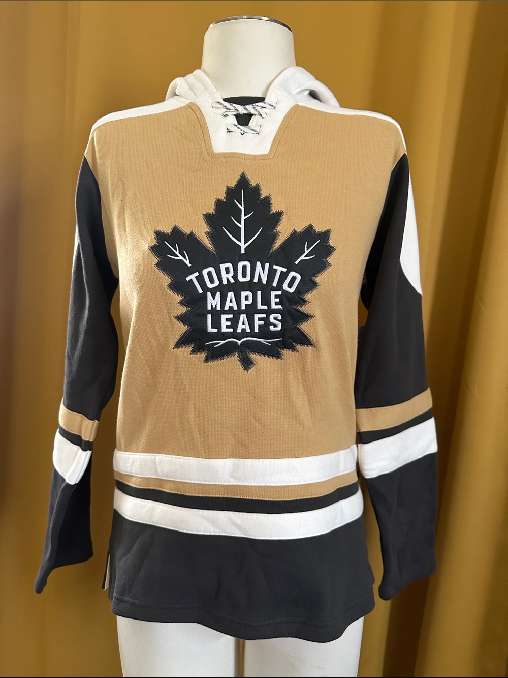NHL Toronto Maple Leafs Tan, Black & White Lace-Up Crewneck Sweater